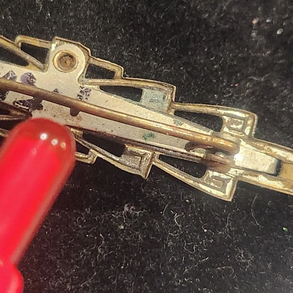 Art Deco Bar Brooch Mother‎ of Pearl Rhinestone Gold Bronze Tone Geometric VTG